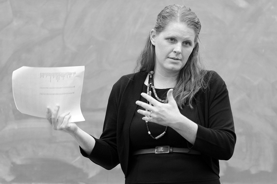 Karyn Riddle, professor of journalism and mass communication, teaches an undergraduate course, Mass Media and Youth, in a classroom at Vilas Hall.