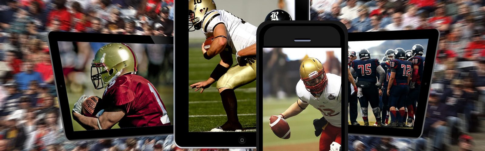 Smartphones and tablets displaying images of football players superimposed on a blurred background image of a crowd at a sporting event