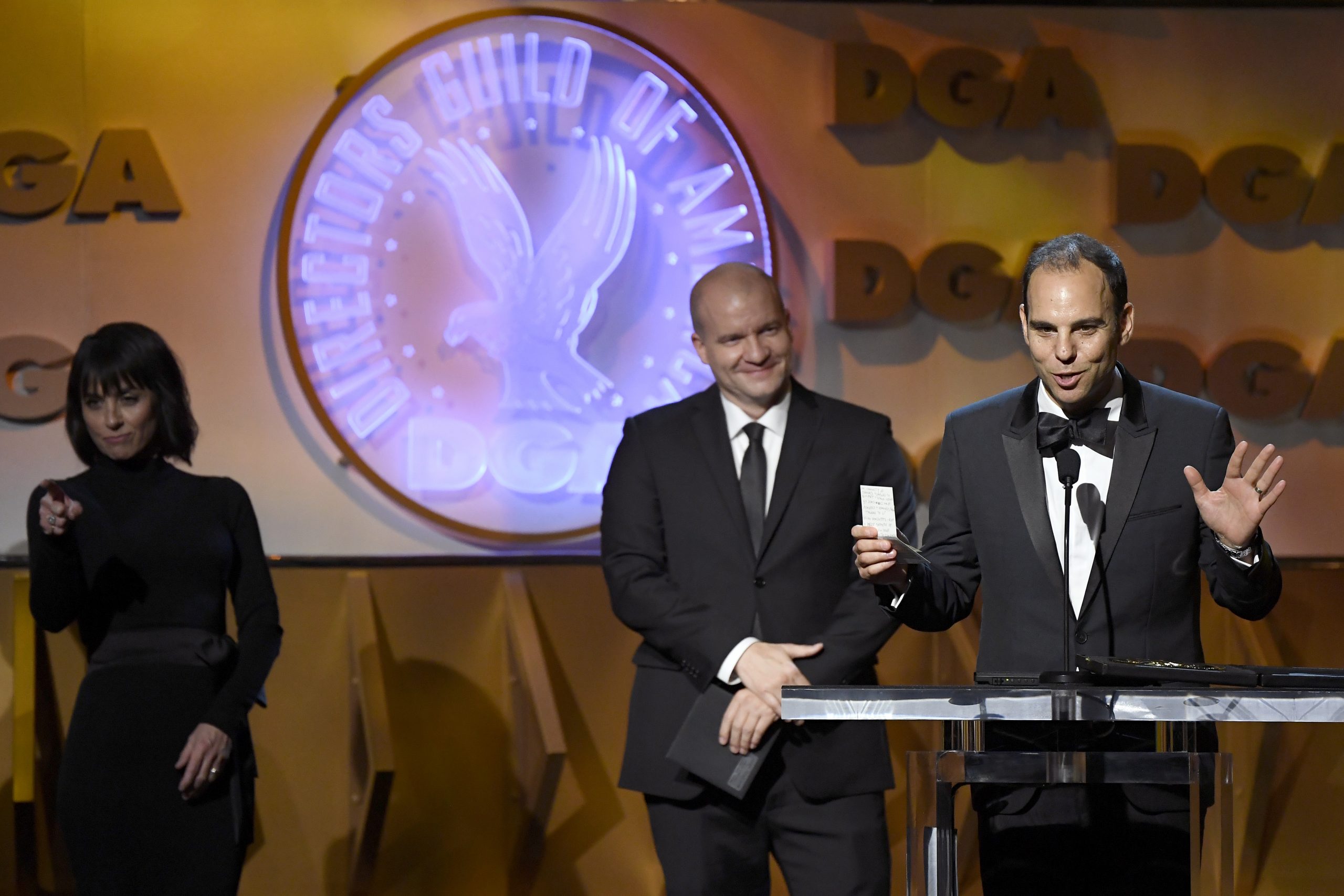 LOS ANGELES, CALIFORNIA - JANUARY 25: Daniel Shultz (C) and Jason Cohen (R) accept Reality Programs for ''Encore!' onstage during the 72nd Annual Directors Guild Of America Awards at The Ritz Carlton on January 25, 2020 in Los Angeles, California. (Photo by Kevork Djansezian/Getty Images)