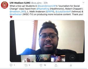 Tweet screenshot showing guest speakers in Journalism for Social Change class, showing a panel of experts visiting the class via video conference