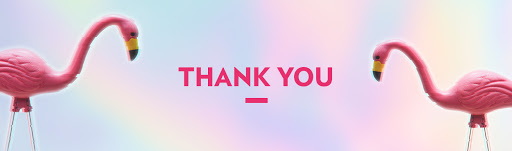 Two flamingos frame the words 'thank you' on an iridescent pink, blue and yellow background. 