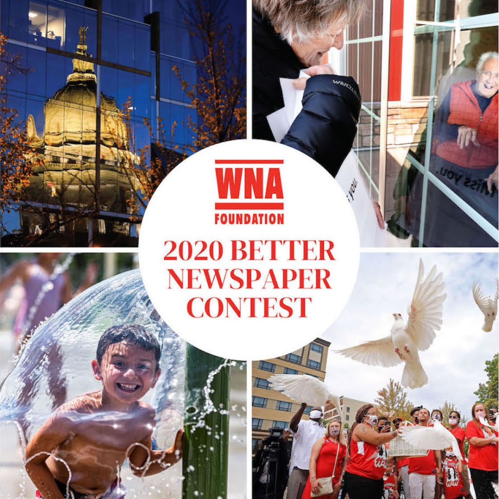 Clockwise from left: A photo of the capitol dome at night, a photo of two people talking through a glass window, a photo of doves being released at a protest and a photo of a child at a splash pad.