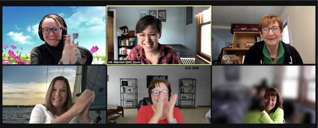 A screenshot of a Zoom meeting with six participants from the Public Engagement Committee clapping and smiling.