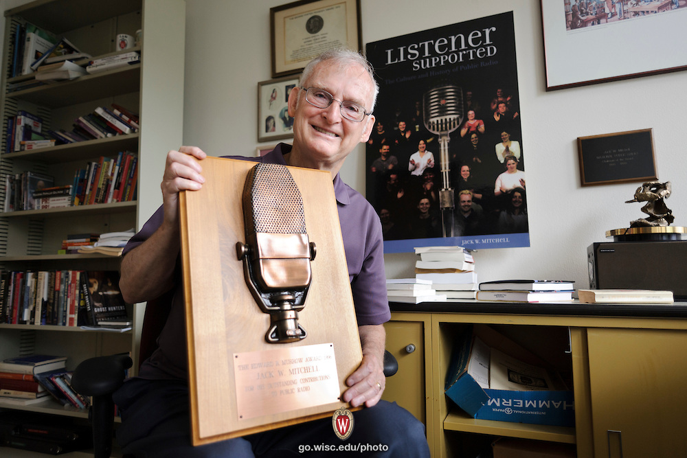 Jack Mitchell, professor emeritus of journalism and mass communications, is pictured in his office in Vilas Hall at the University of Wisconsin-Madison on June 26, 2013. Mitchell's career includes being the first employee for NPR (National Public Radio) and creating its first program, "All things Considered," during the early 1970s. Mitchell also served for 21 years as director of Wisconsin Public Radio (WPR), before joining the UW-Madison faculty in 1998. (Photo by Jeff Miller/UW-Madison)