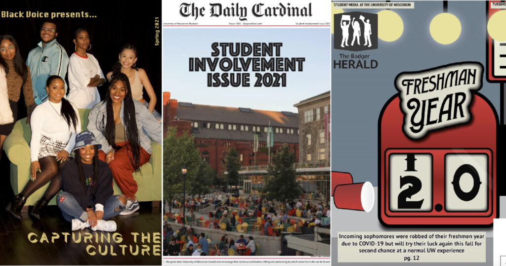The covers of The Black Voice's Capturing the Culture magazine, and two print editions of the Daily Cardinal and The Badger Herald
