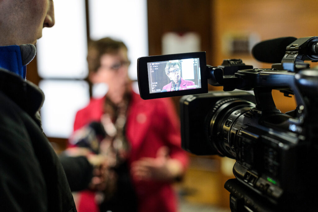 UW-Madison Chancellor Rebecca Blank is pictured on a video camera monitor