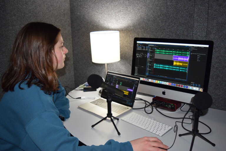 Student in podcast studio