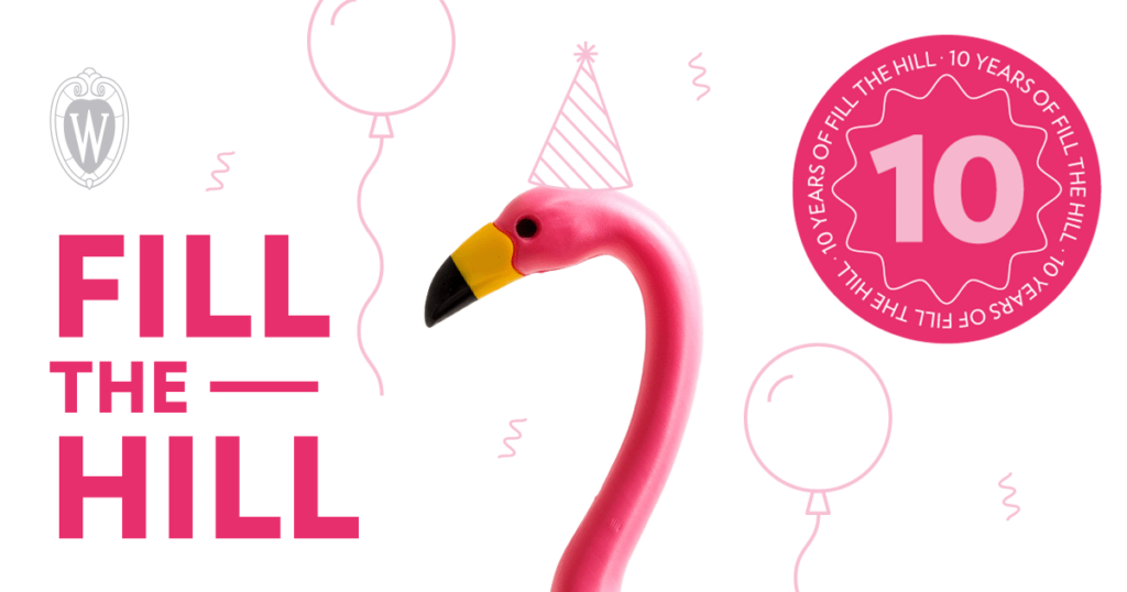 Graphic showing pink flamingo plus the words "Fill the Hill" and a badge stating 10 Years of Fill the Hill