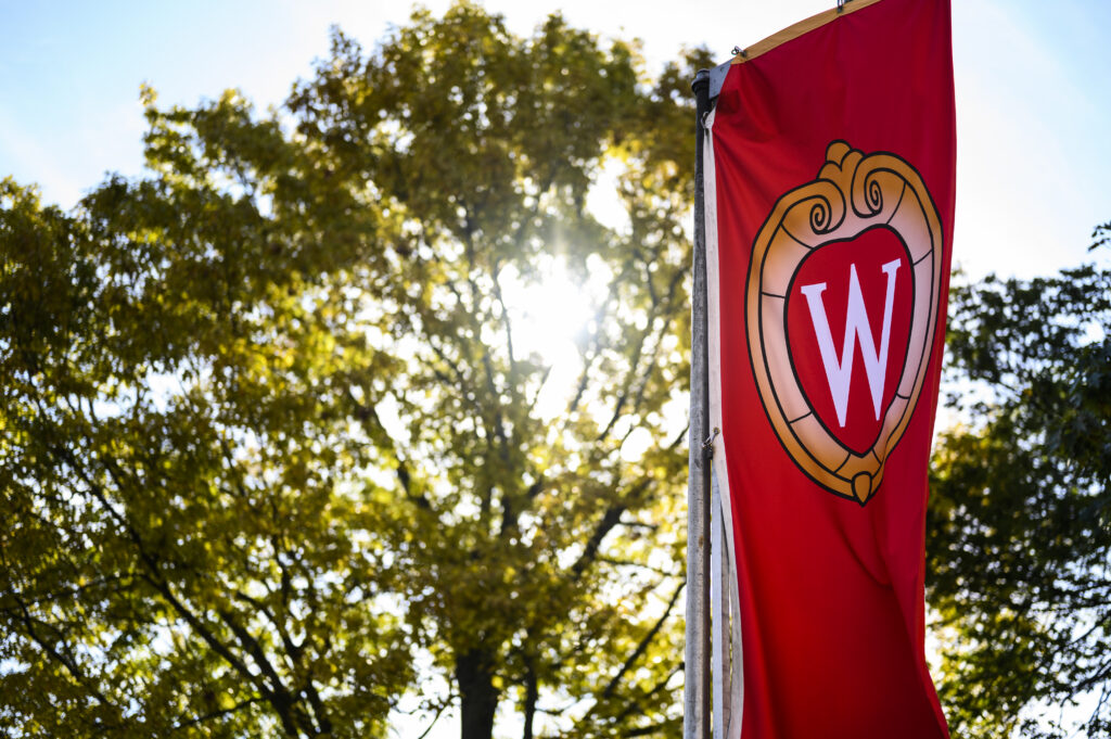 Photo of "W" flag flying one campus with threes and sky in the background.
