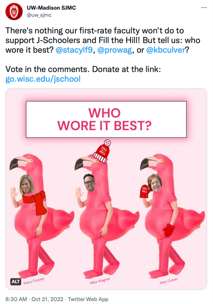Tweet from the School of Journalism and Mass Communication showing a graphic that features Stacy Forster, Mike Wagner, and Katy Culver photoshopped into large Flamingo mascot costumes with the question overhead, "Who Wore It Best?"