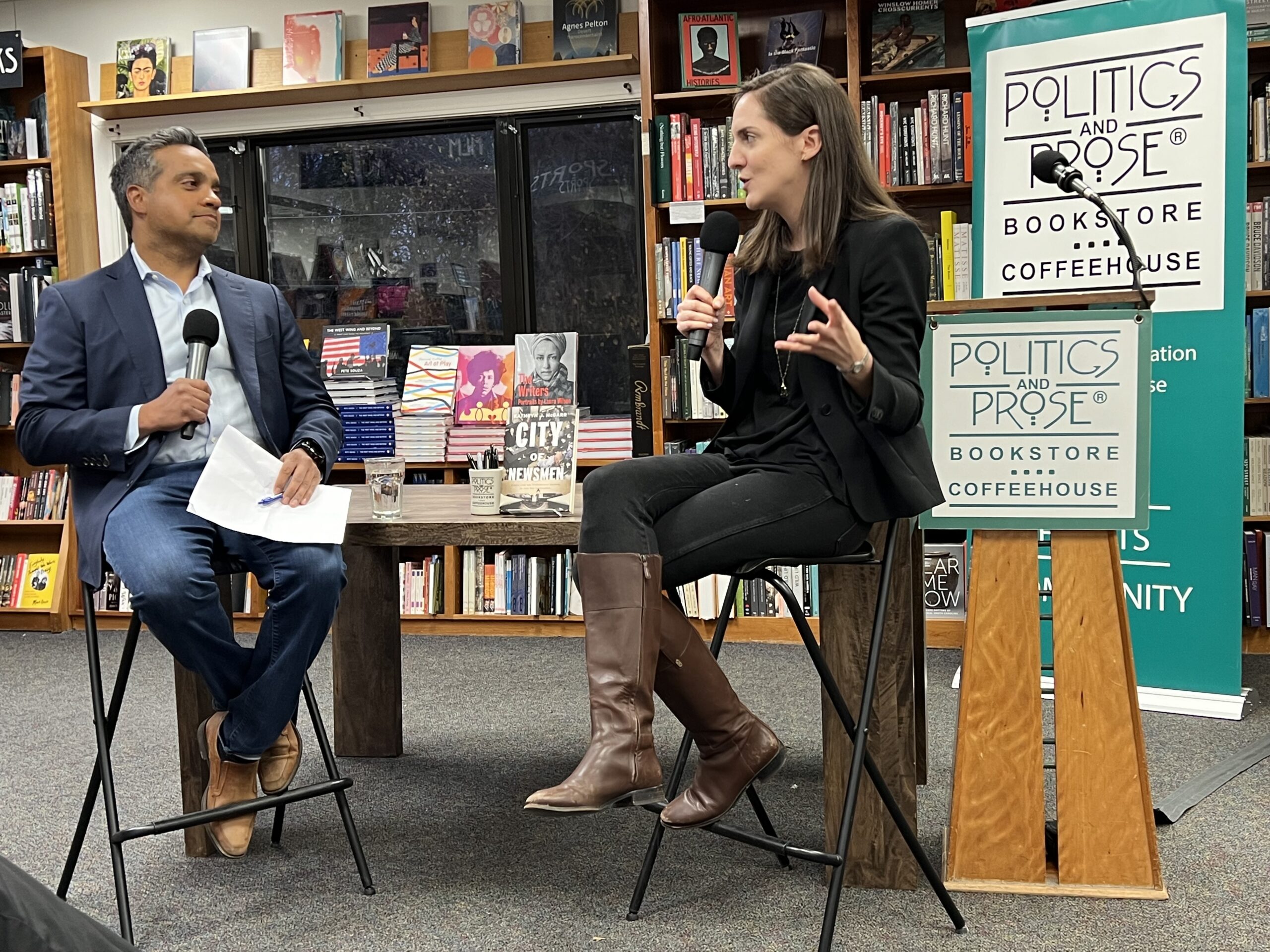 SJMC professor Kathryn McGarr speaks with UW alum and CNN correspondent Manu Raju about her new book, “City of Newsmen: Public Lies and Professional Secrets in Cold War Washington,” at a launch event held at Politics and Prose Bookstore in Washington, D.C. on Sunday, November 13.