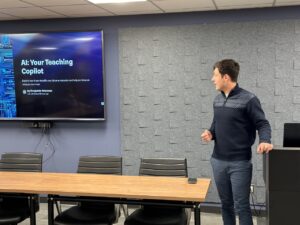 Ben Newman (JBA’24) presented to faculty and TAs about leveraging generative AI in academia. Newman spoke about how to use ChatGPT, Gamma and MagicSchool to assist in creating lesson plans, slide decks , lesson feedback and more.