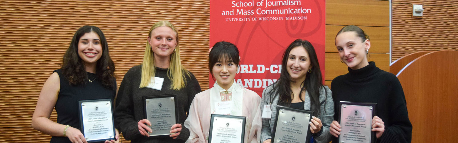 Five students pose with their James L. Buaghman Senior Achievement Awards.